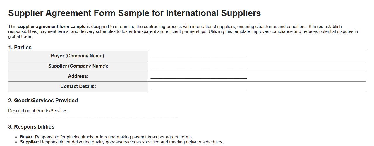 Supplier agreement form sample for international suppliers image preview