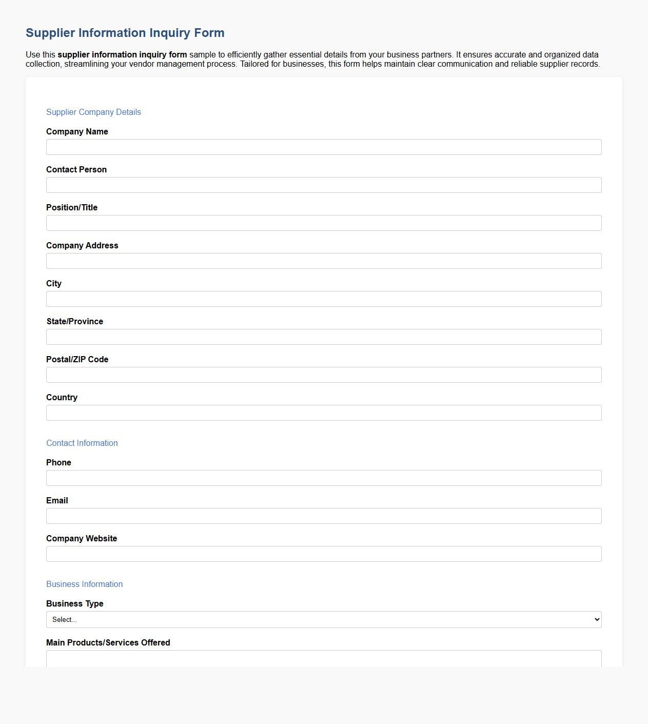 supplier information inquiry form sample for businesses image preview