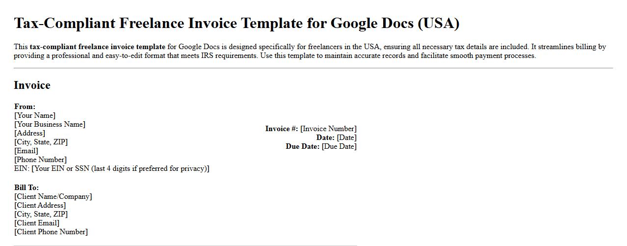 Tax-compliant freelance invoice template Google Docs USA image preview