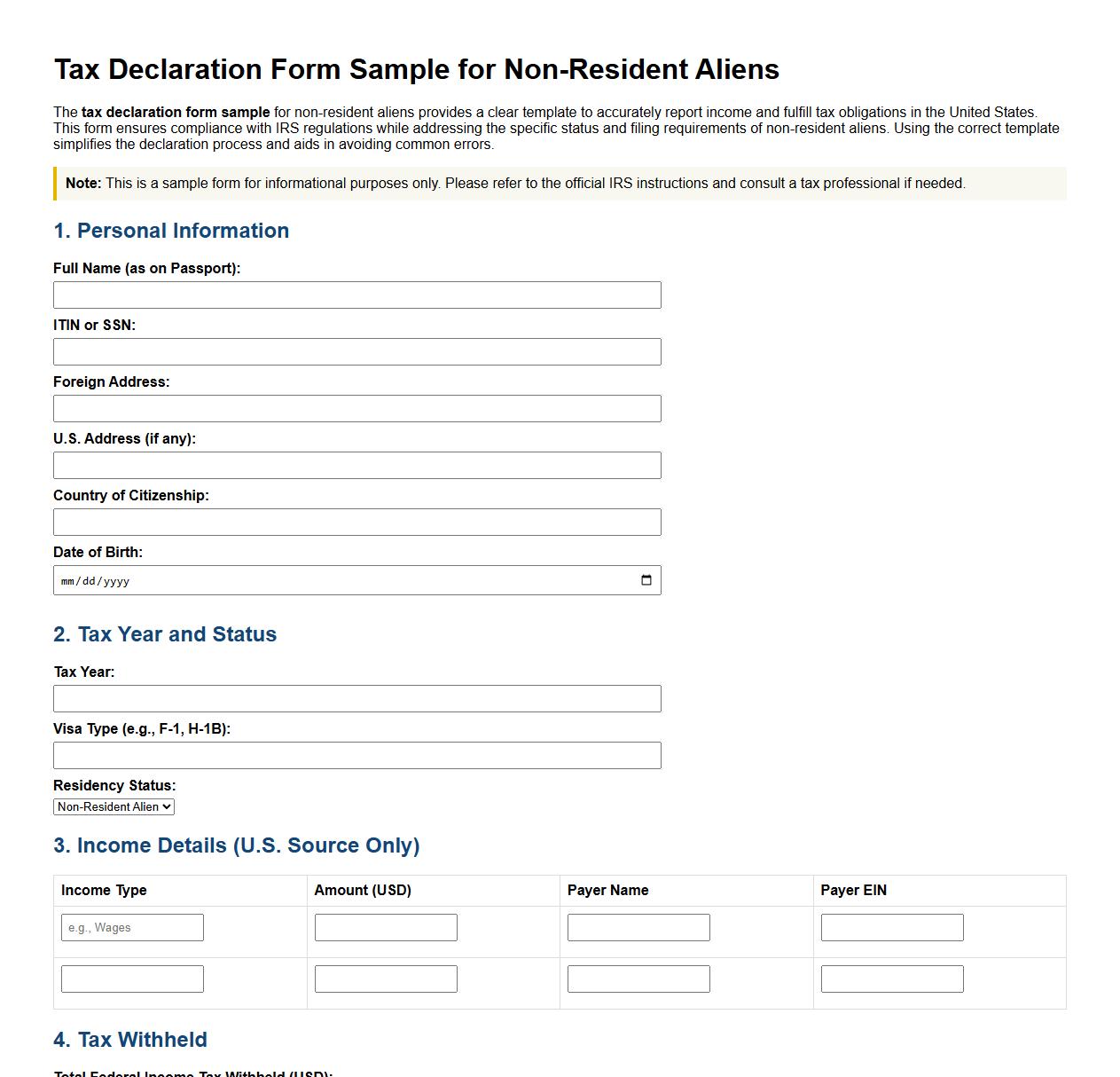 Tax declaration form sample for non-resident aliens image preview
