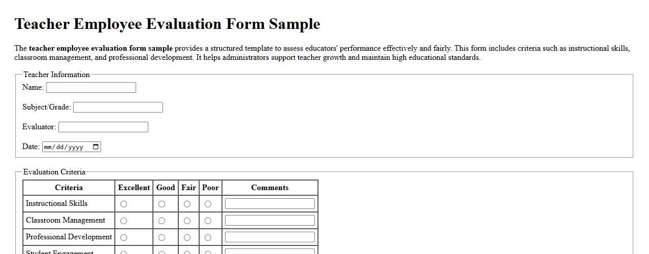 Teacher employee evaluation form sample image preview
