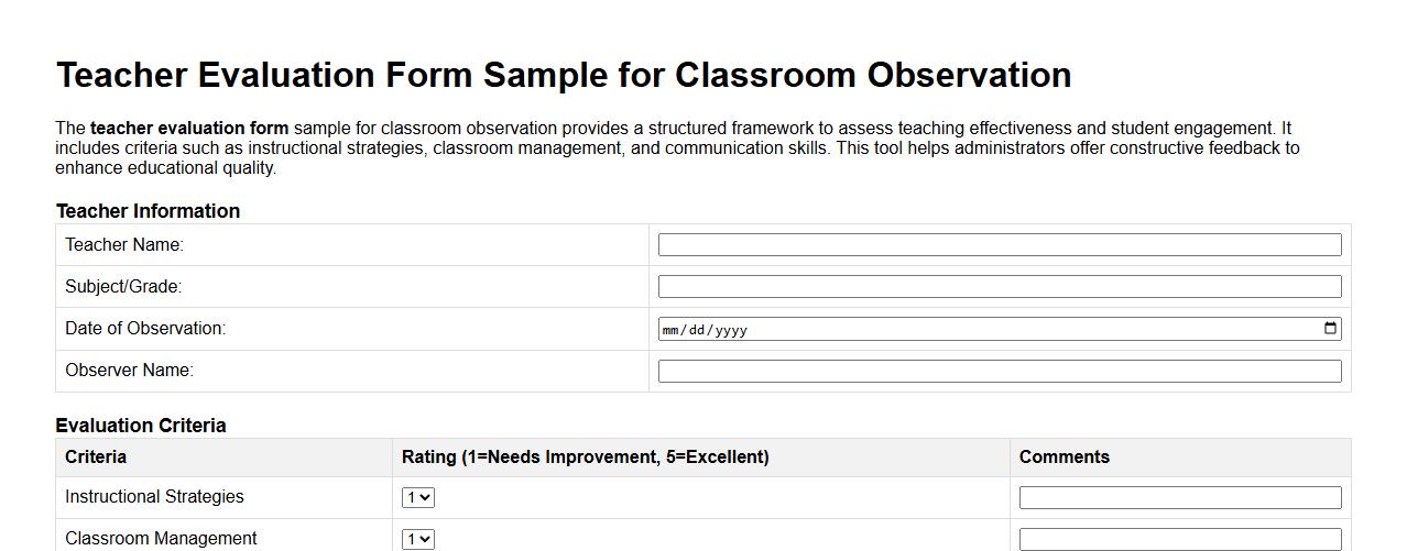Teacher evaluation form sample for classroom observation image preview