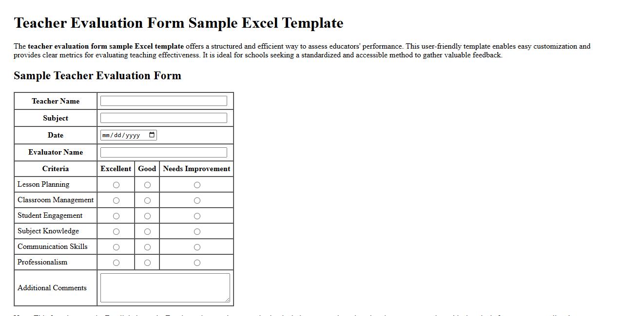 teacher evaluation form sample excel template image preview