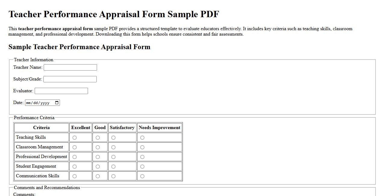 teacher performance appraisal form sample pdf image preview
