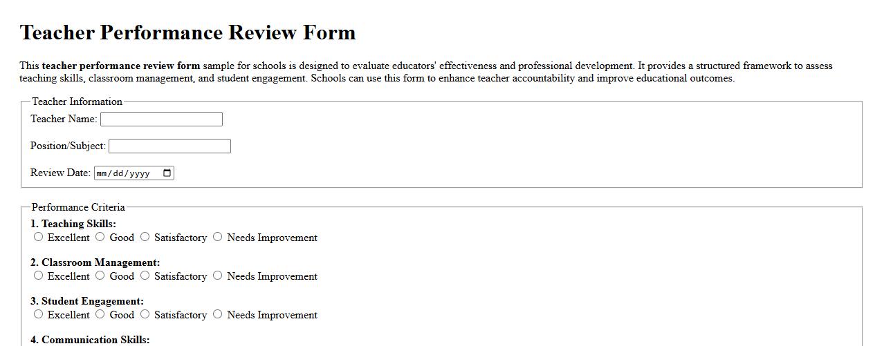 Teacher performance review form sample for schools image preview
