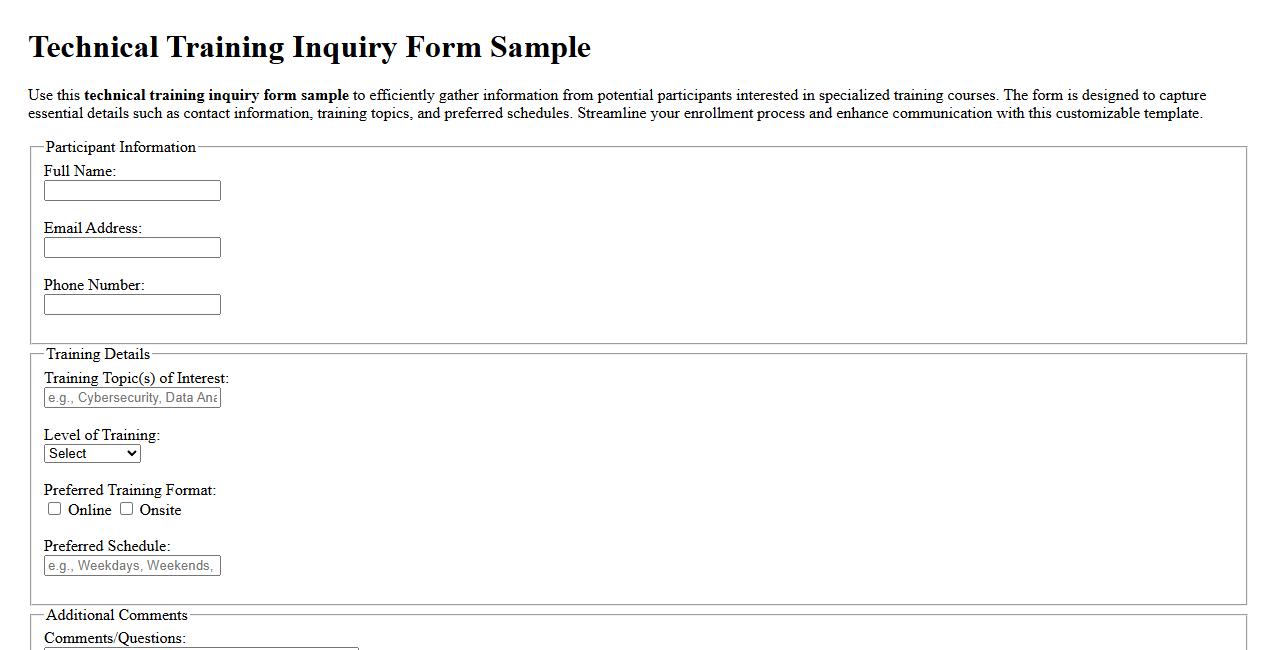 technical training inquiry form sample image preview