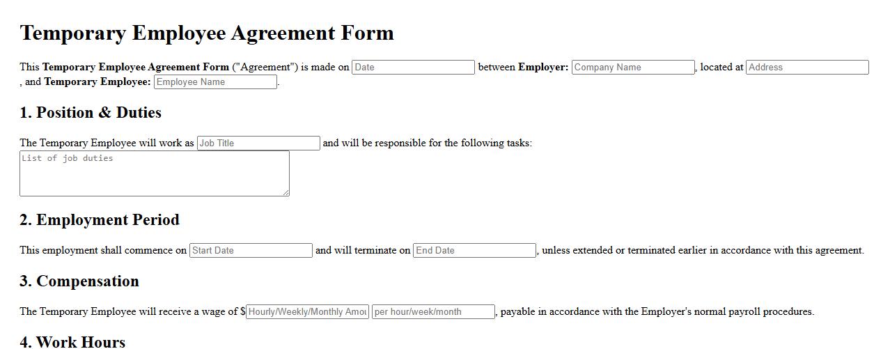 temporary employee agreement form sample template image preview