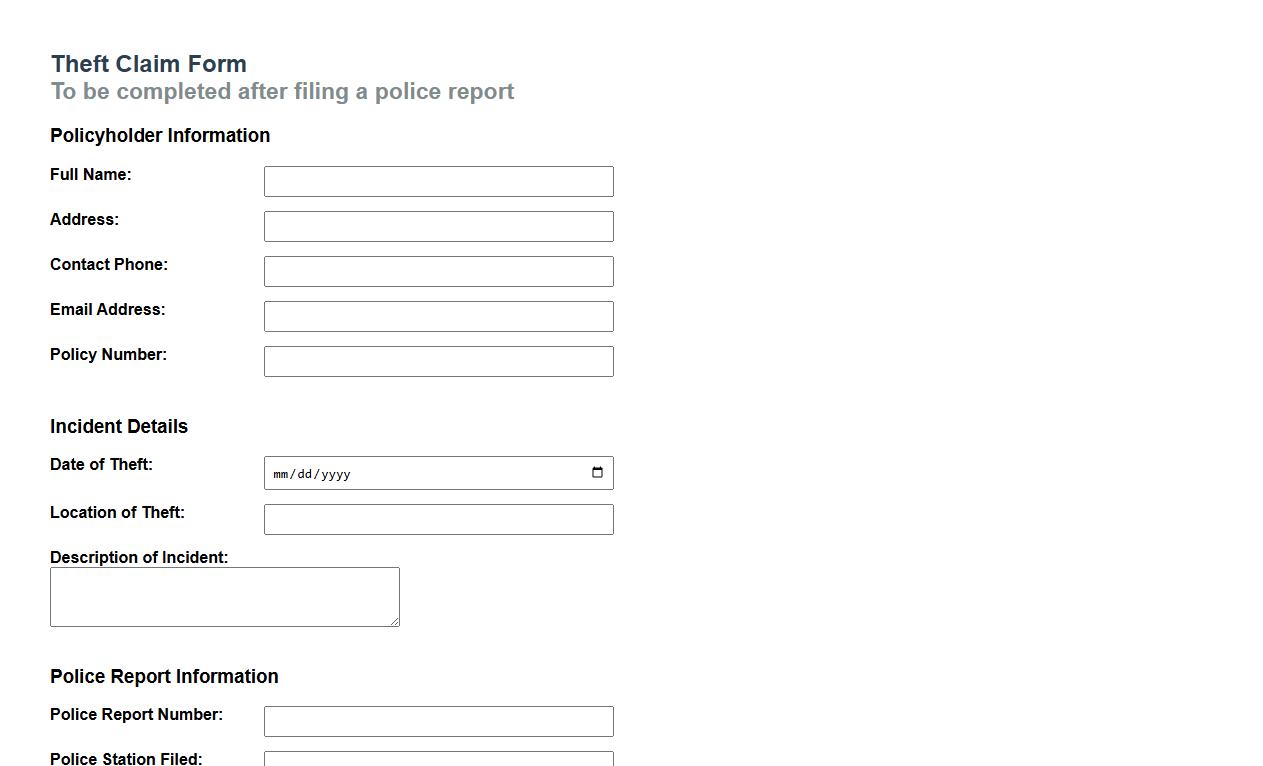 theft claim form sample after police report image preview