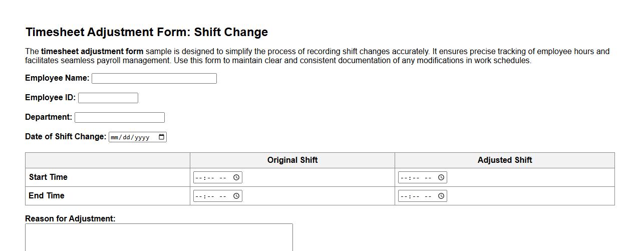 Timesheet adjustment form sample for shift change image preview