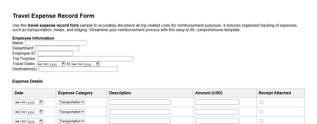 travel expense record form sample for reimbursement image preview