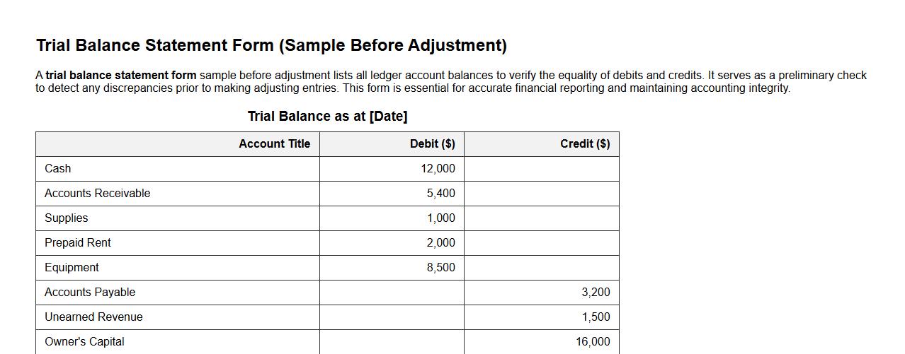 trial balance statement form sample before adjustment image preview