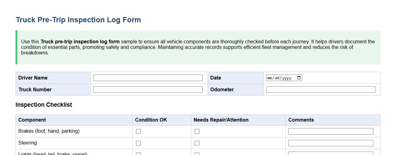 Truck pre-trip inspection log form sample image preview