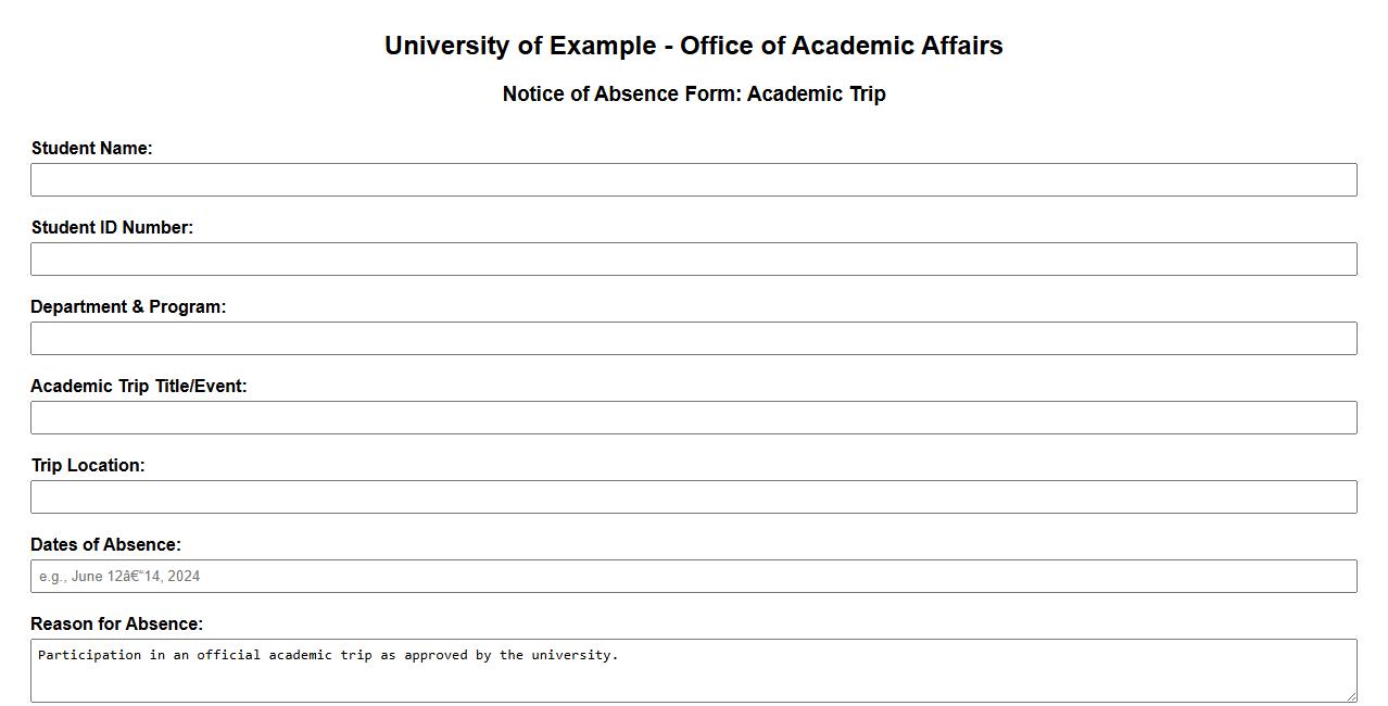 university notice of absence form example due to academic trip image preview