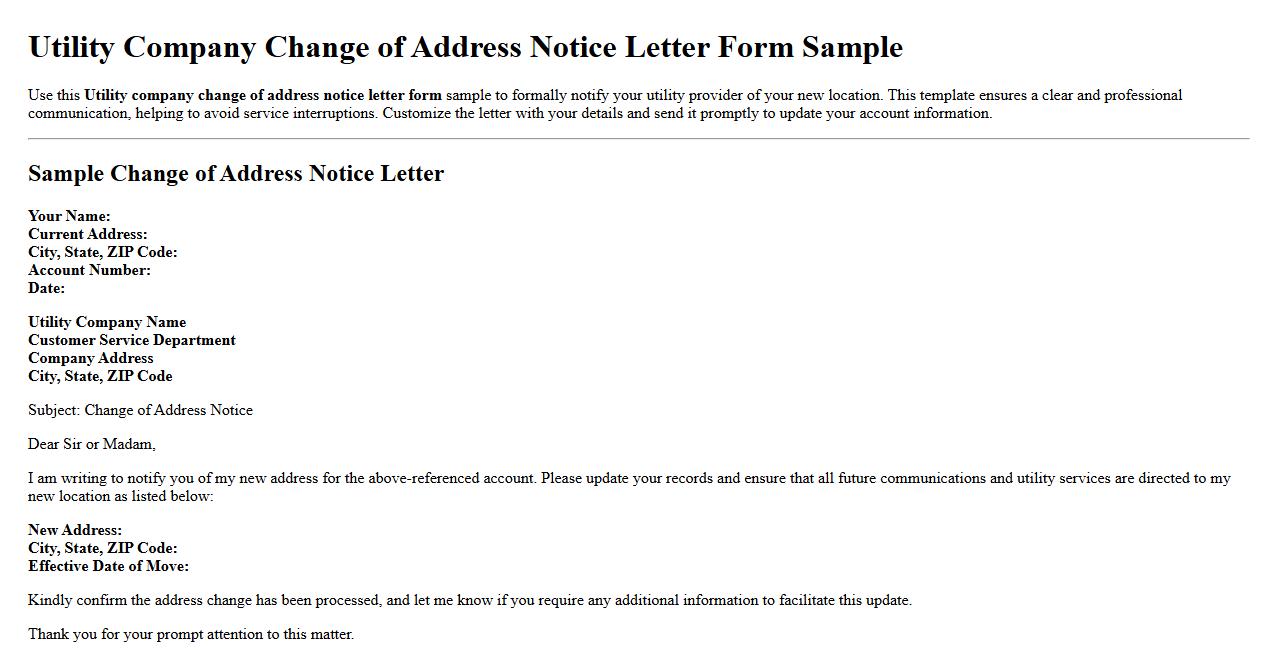 Utility company change of address notice letter form sample image preview