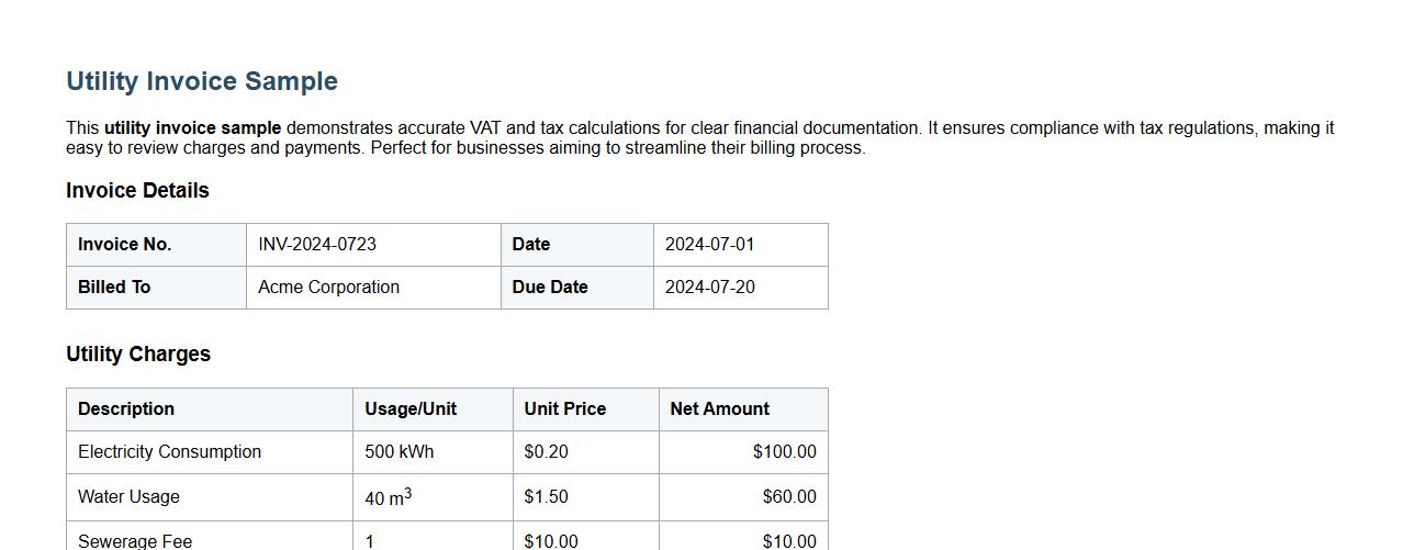 Utility invoice sample with VAT and tax calculation image preview