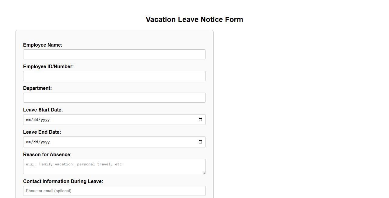 vacation leave notice form sample with reason for absence image preview