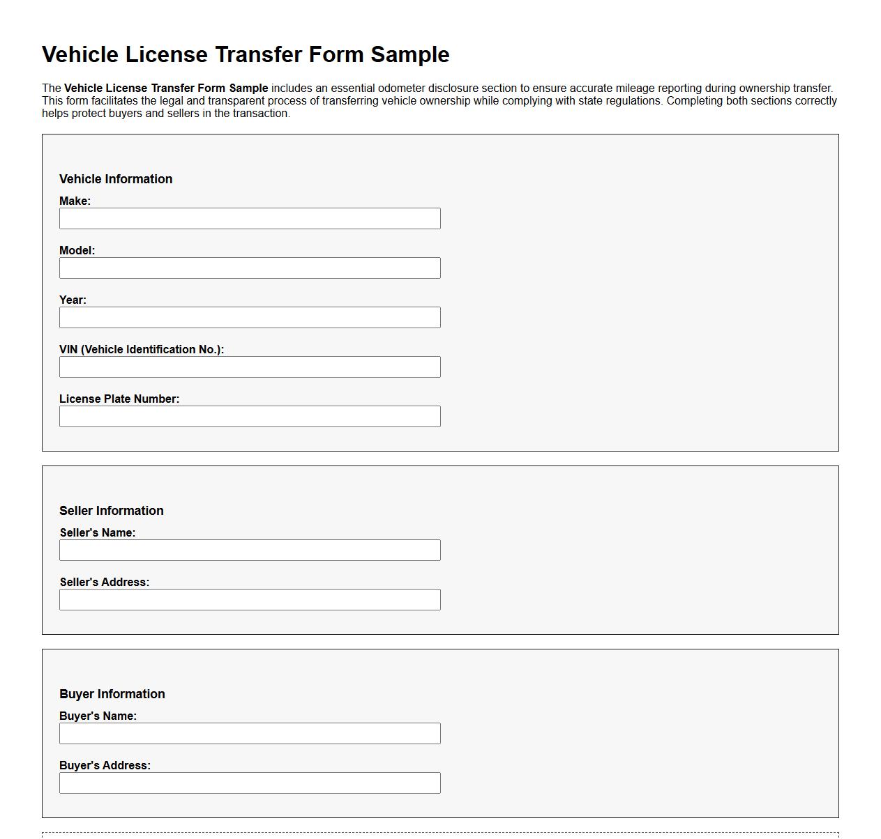 Vehicle License Transfer Form Sample with Odometer Disclosure image preview