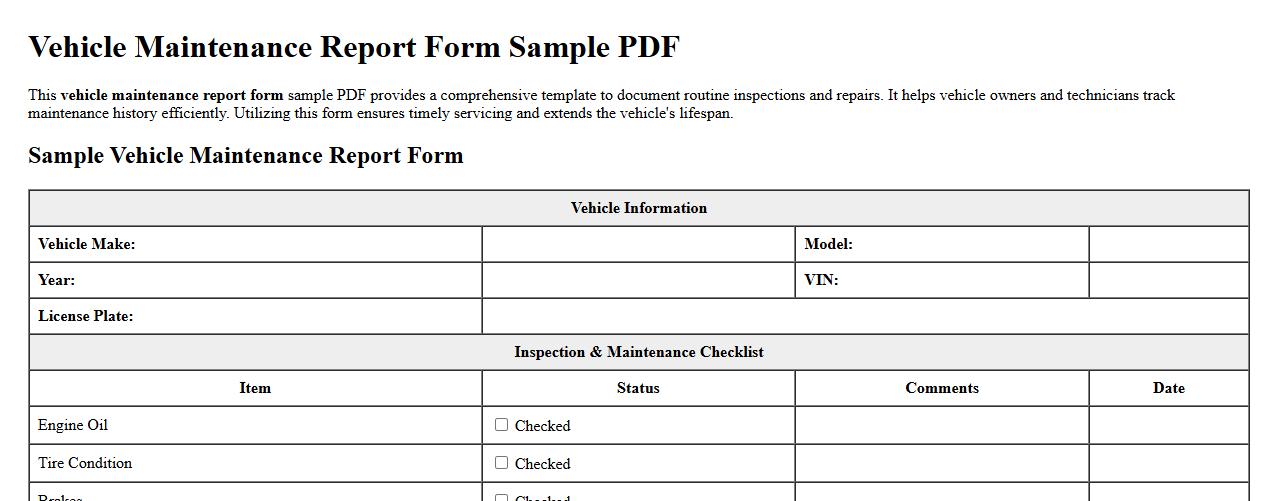 vehicle maintenance report form sample pdf image preview