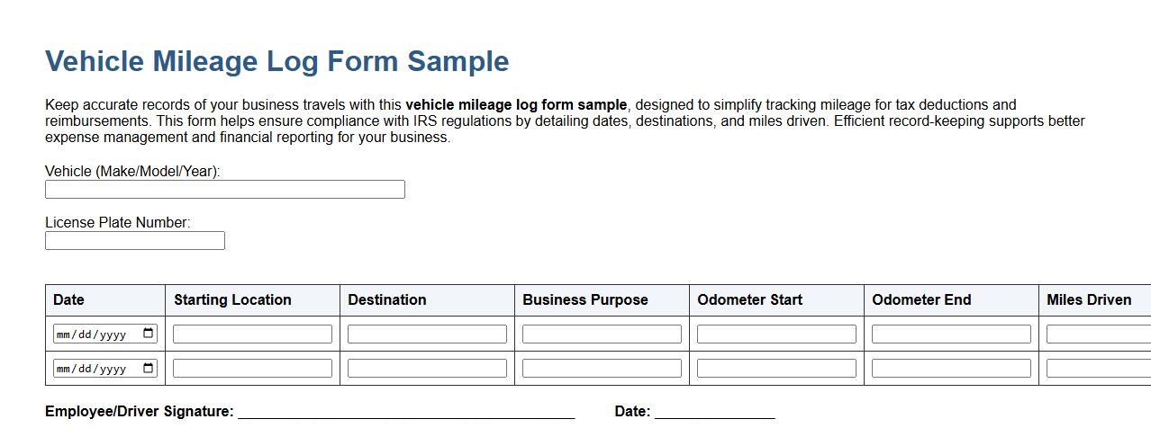 vehicle mileage log form sample for business image preview