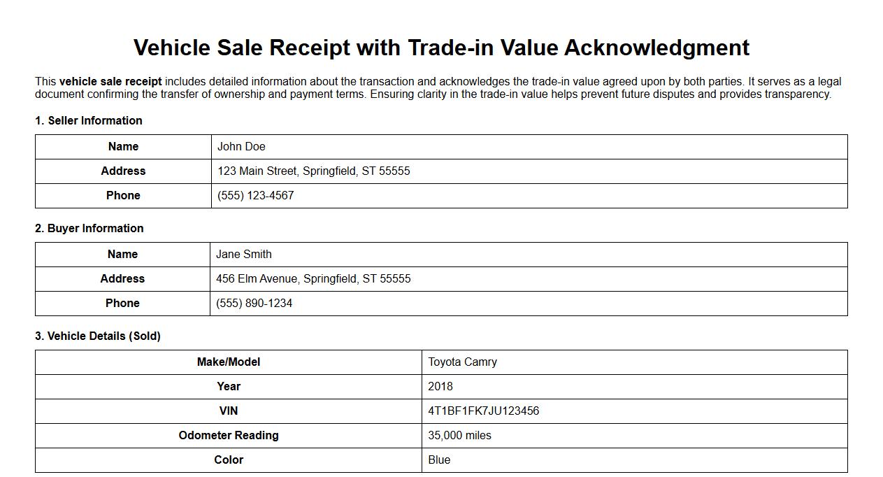 Vehicle sale receipt with trade-in value acknowledgment image preview