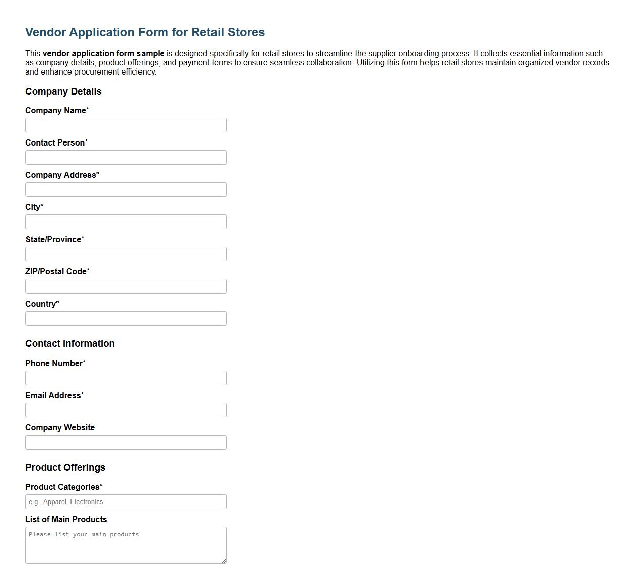vendor application form sample for retail stores image preview