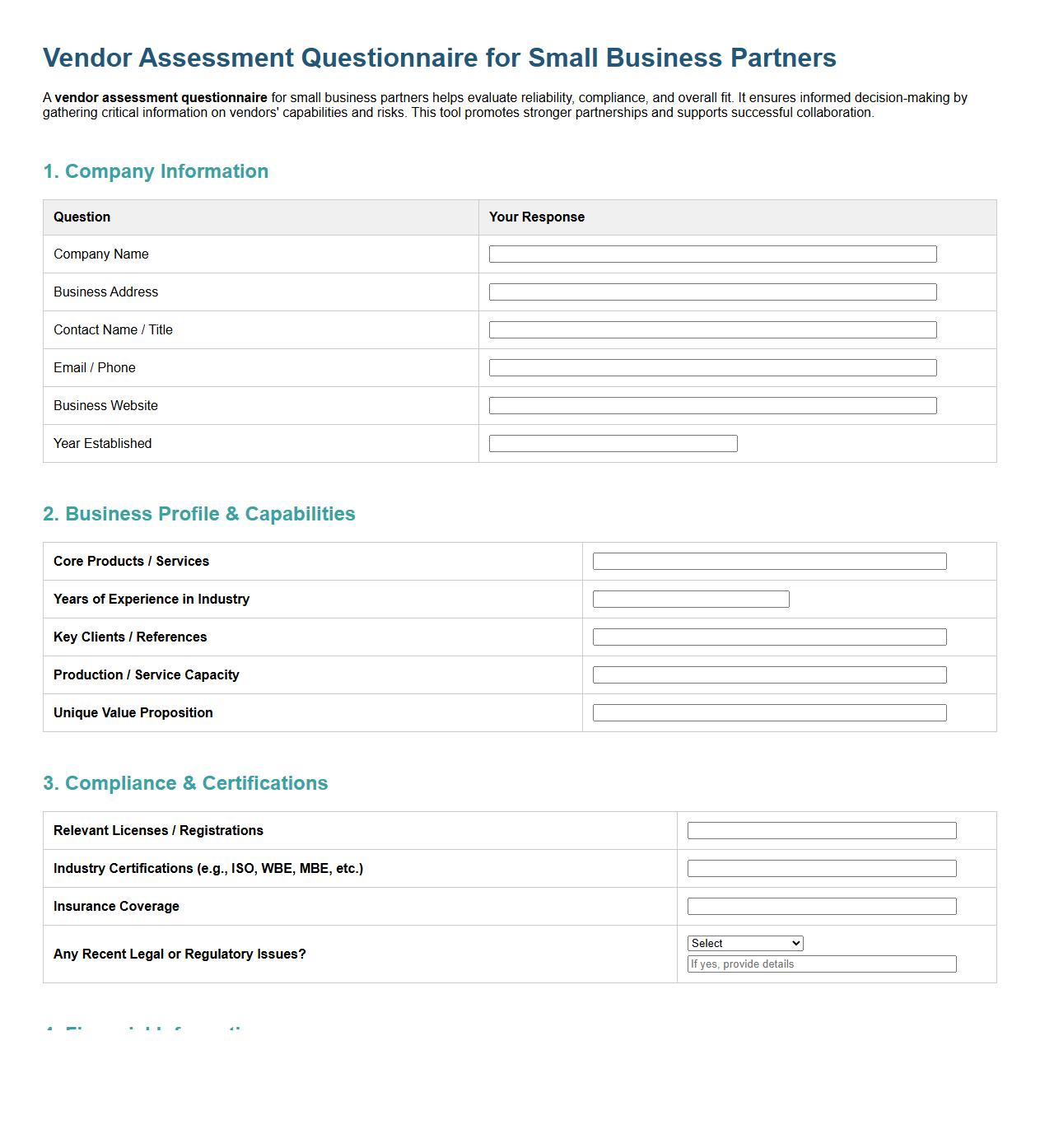 vendor assessment questionnaire for small business partners image preview