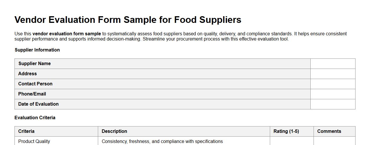 vendor evaluation form sample for food suppliers image preview