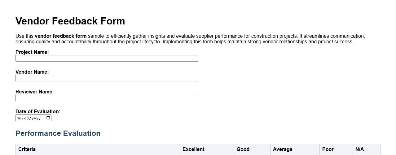 Vendor feedback form sample for construction projects image preview