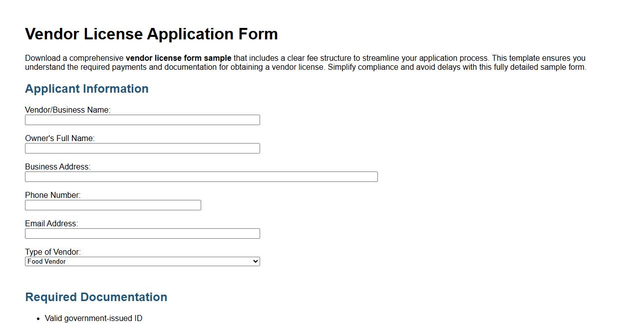 vendor license form sample with fee structure image preview