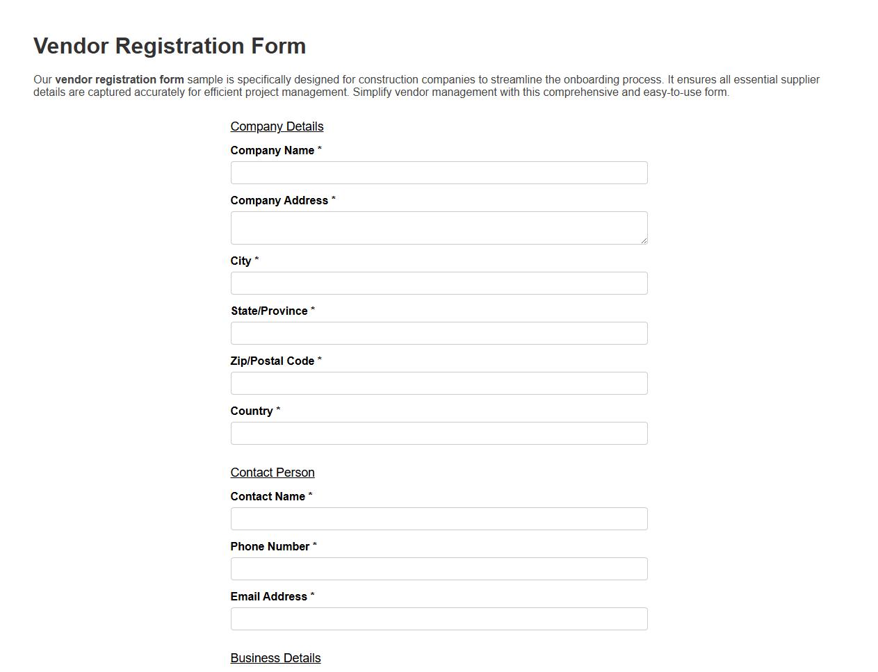 Vendor registration form sample for construction companies image preview