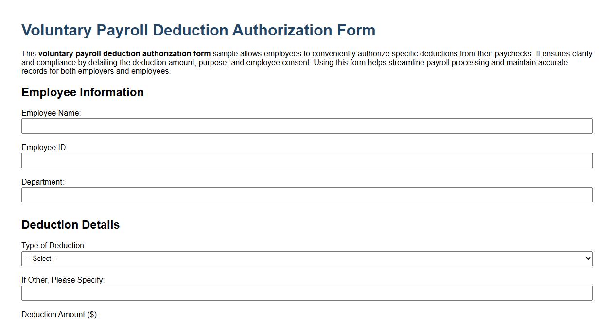 Voluntary payroll deduction authorization form sample image preview