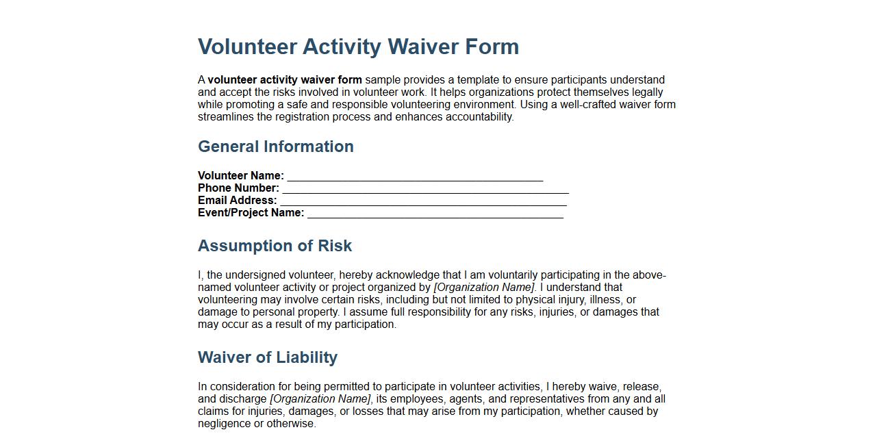 volunteer activity waiver form sample image preview