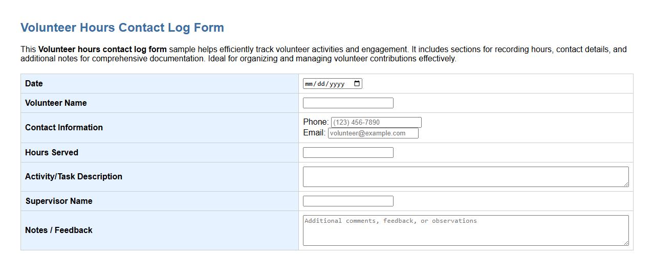 Volunteer hours contact log form sample with notes image preview