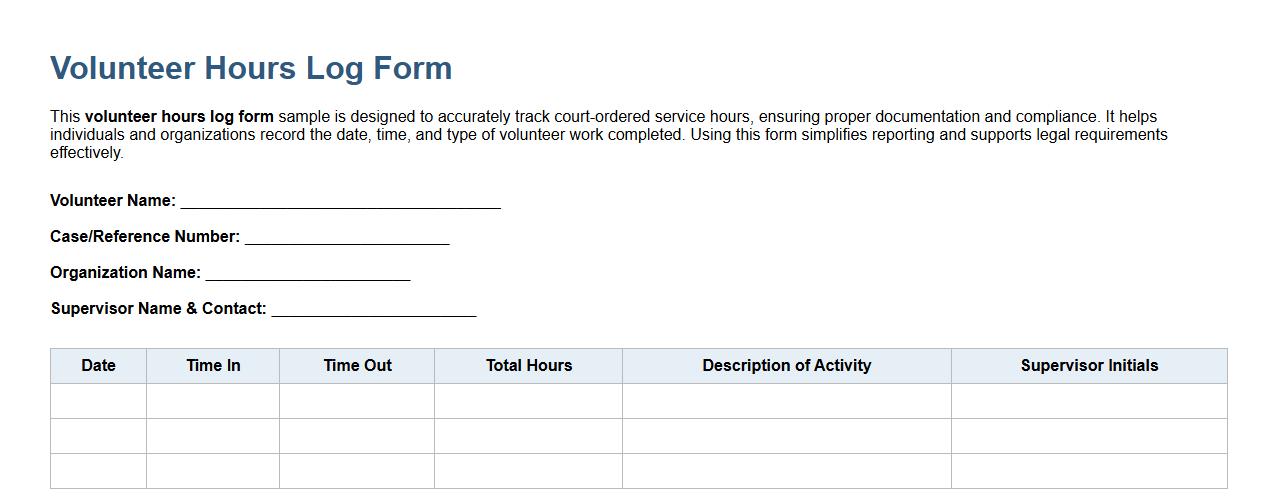 Volunteer hours log form sample for court-ordered service image preview