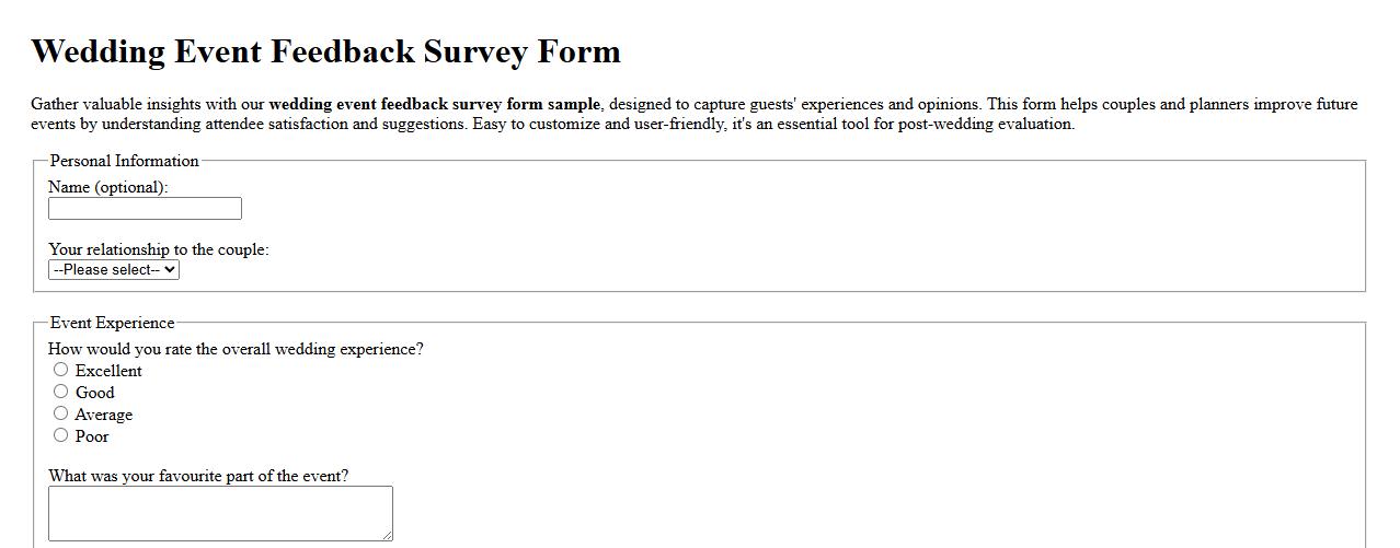 wedding event feedback survey form sample image preview