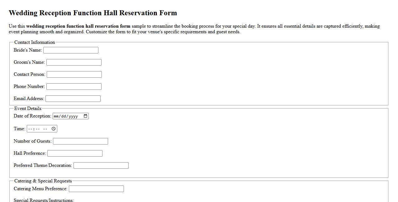 Wedding reception function hall reservation form sample image preview