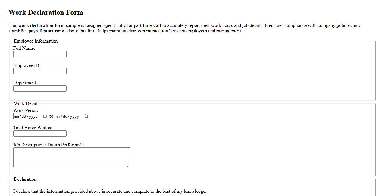 Work declaration form sample for part-time staff image preview