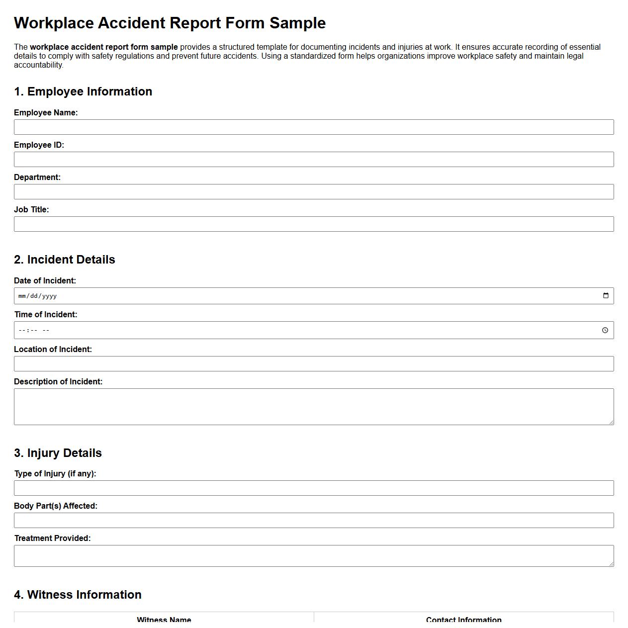 workplace accident report form sample image preview
