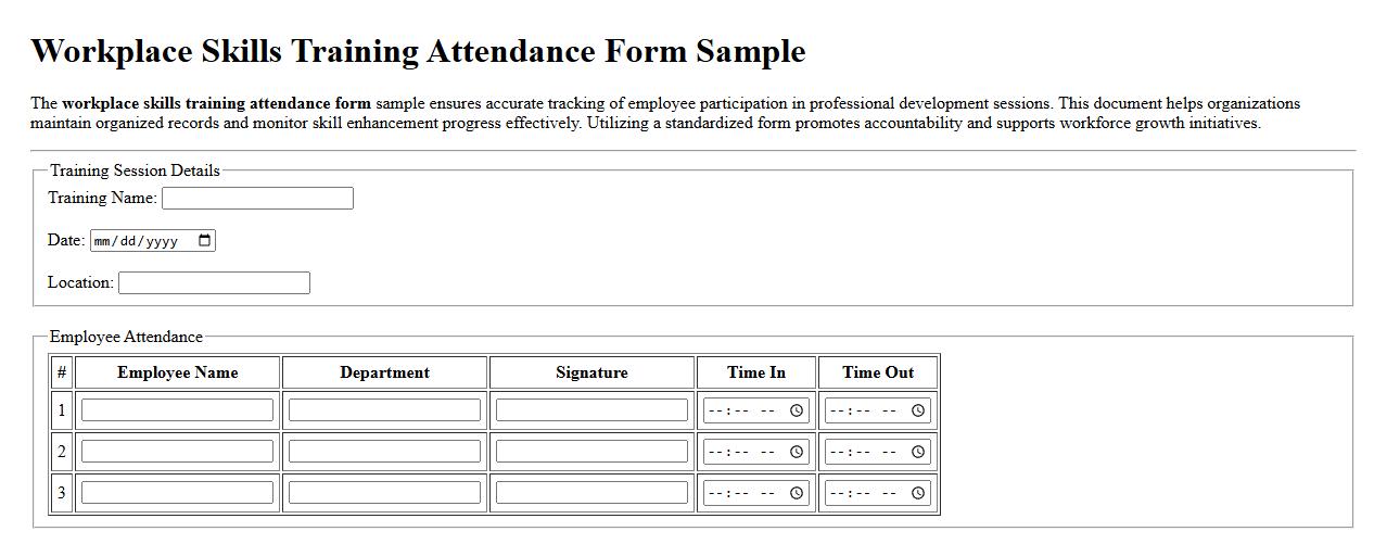 Workplace skills training attendance form sample image preview