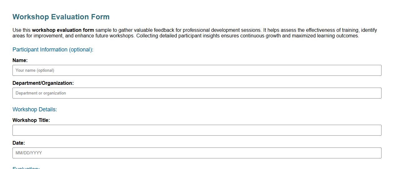 Workshop evaluation form sample for professional development image preview