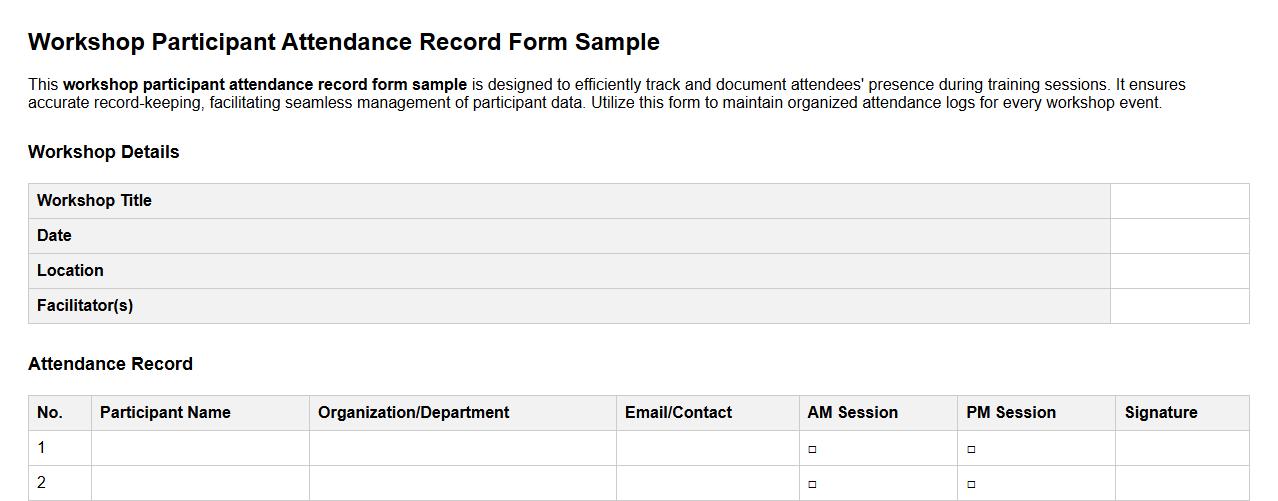 workshop participant attendance record form sample image preview