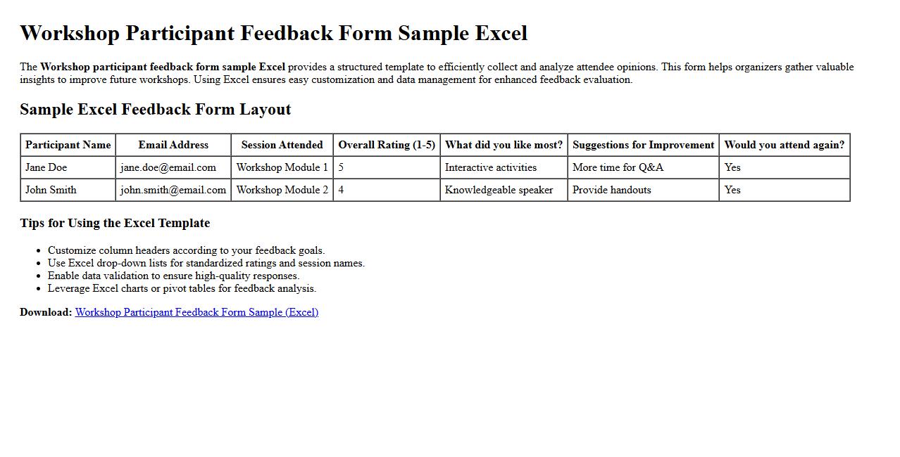 Workshop participant feedback form sample Excel image preview