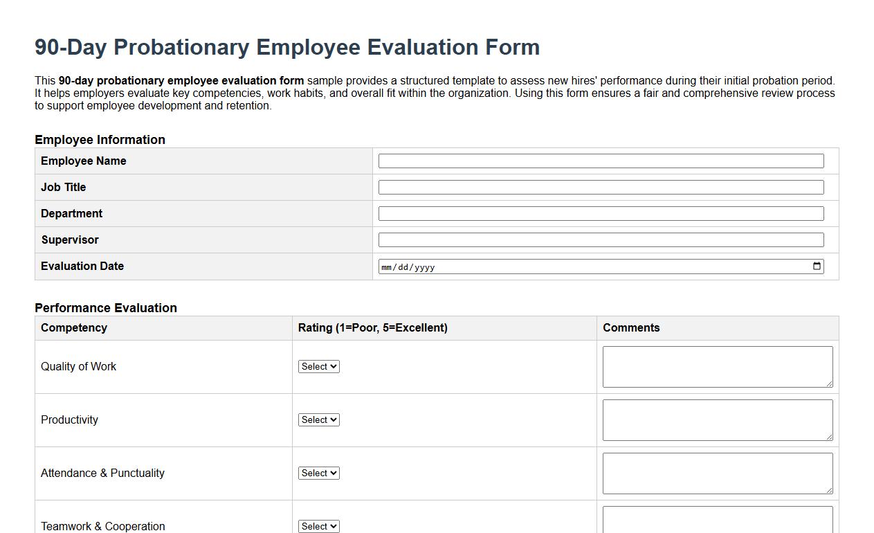 90-day probationary employee evaluation form sample image preview