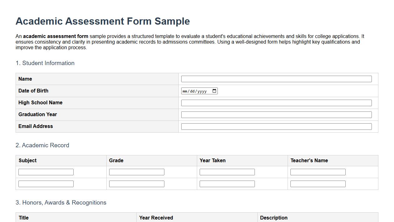 Academic assessment form sample for college applications image preview