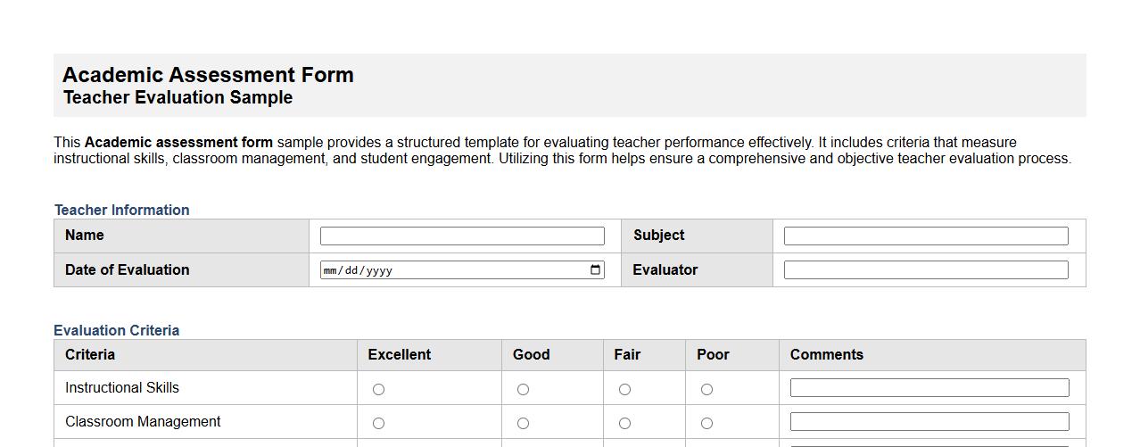 Academic assessment form sample for teacher evaluation image preview
