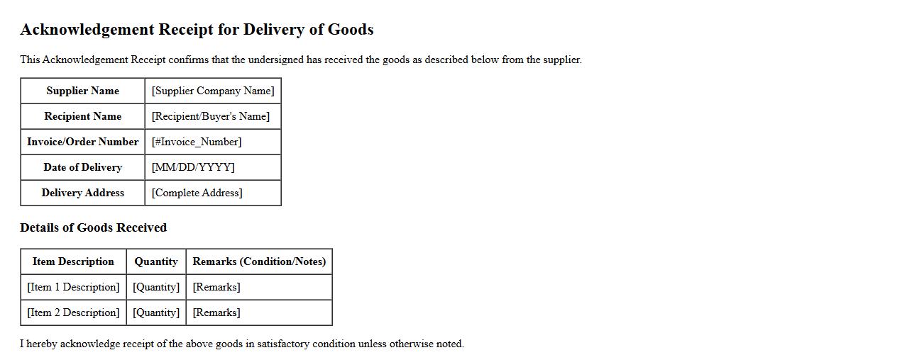 Acknowledgement receipt sample for delivery of goods image preview