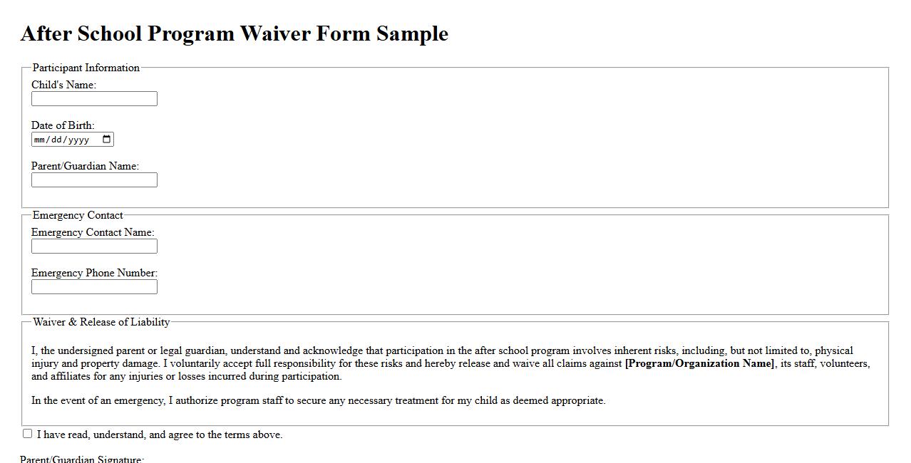 after school program waiver form sample image preview