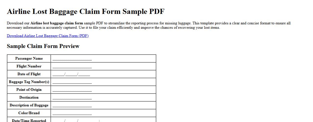 Airline lost baggage claim form sample pdf image preview