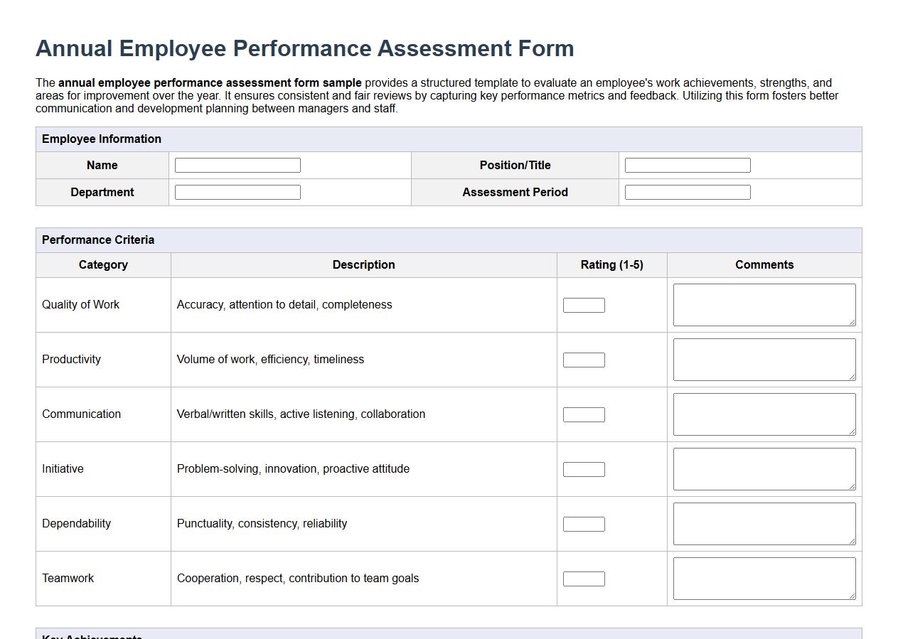 annual employee performance assessment form sample image preview