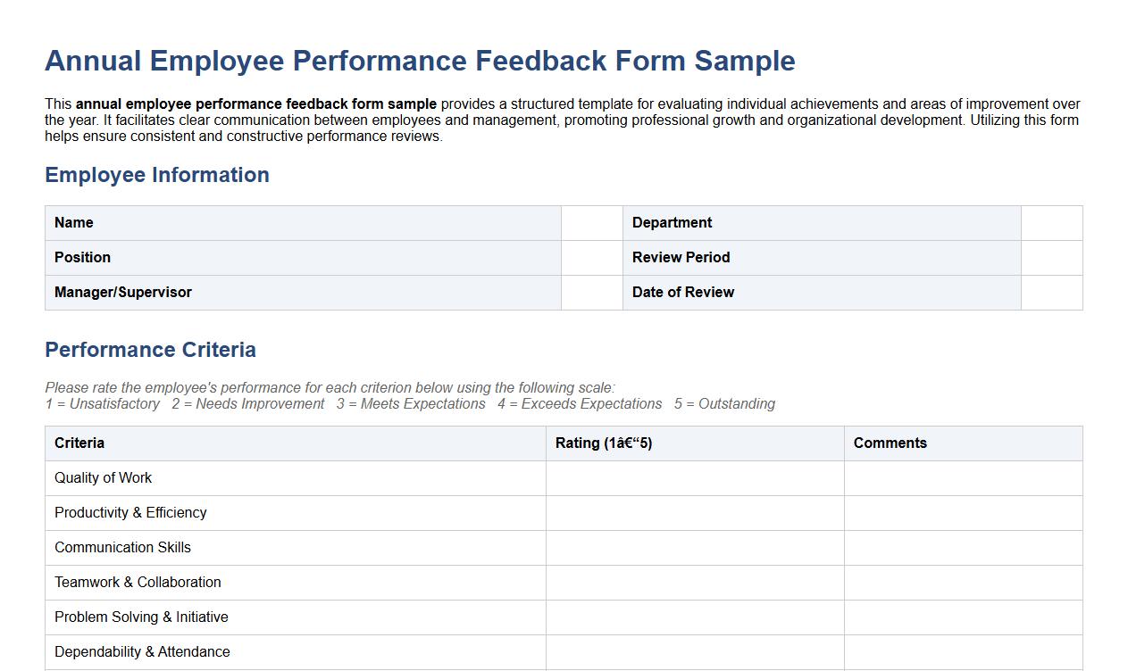 Annual employee performance feedback form sample image preview